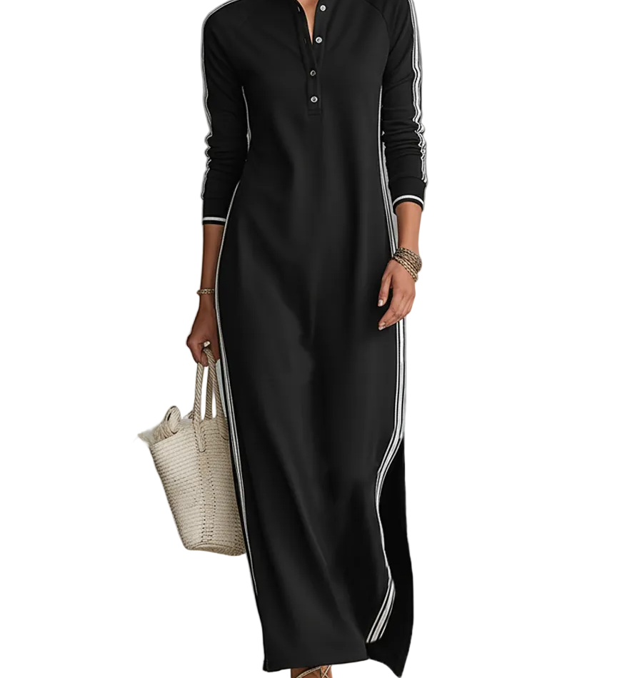 Women's Minimalist White-trimmed Button-down Collar Sweatshirt Dress Maxi Dress MDA0958L0Y