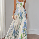 White Pleated Floral Chiffon Square Neck Sleeveless A-Line Maxi Dress