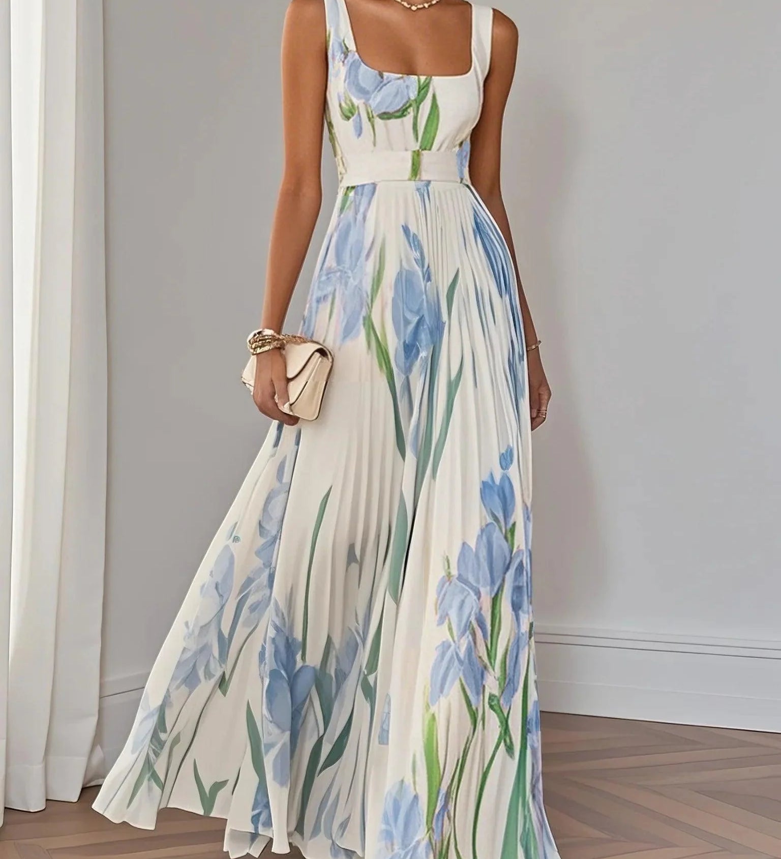 White Pleated Floral Chiffon Square Neck Sleeveless A-Line Maxi Dress