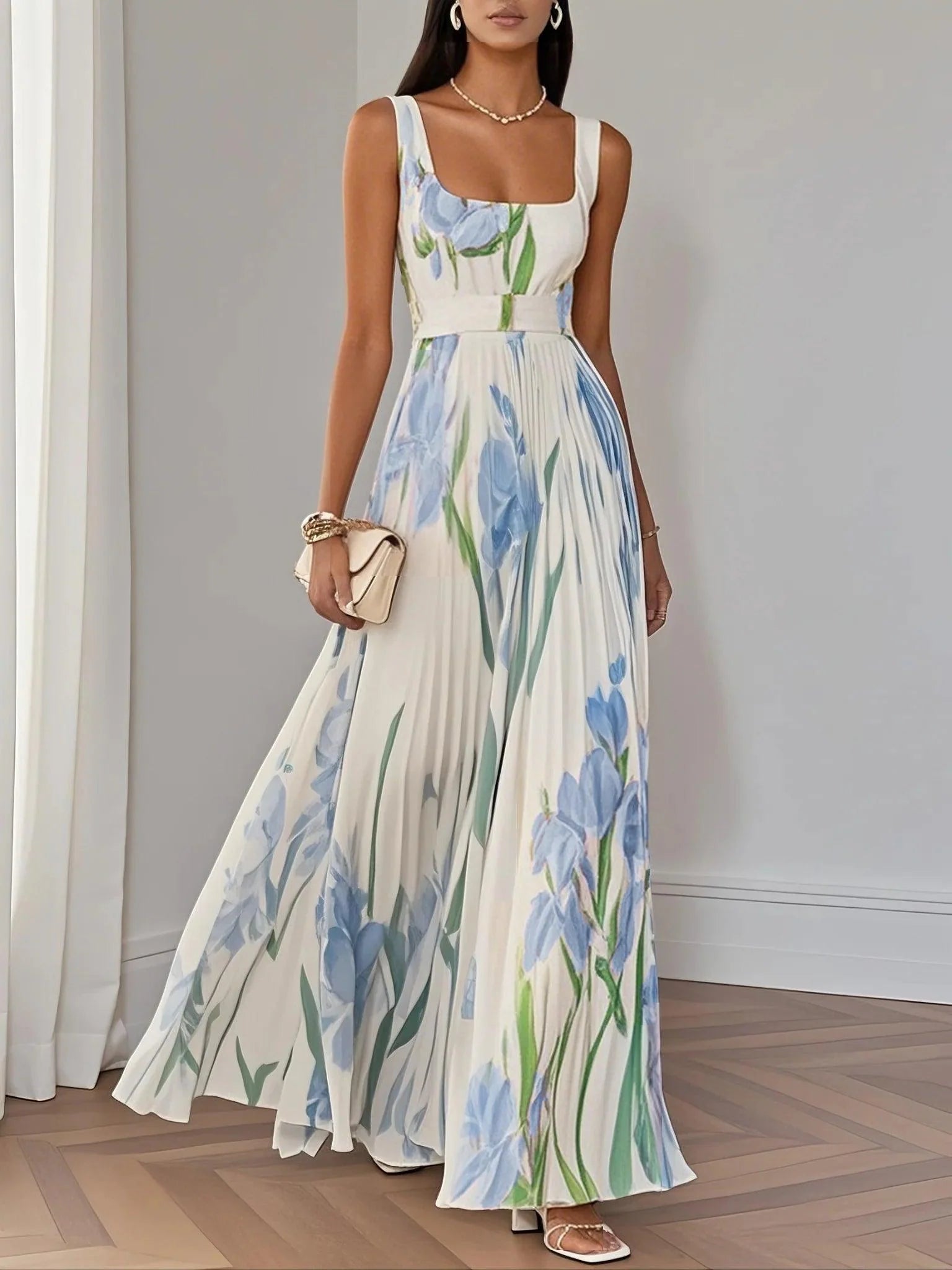 White Pleated Floral Chiffon Square Neck Sleeveless A-Line Maxi Dress