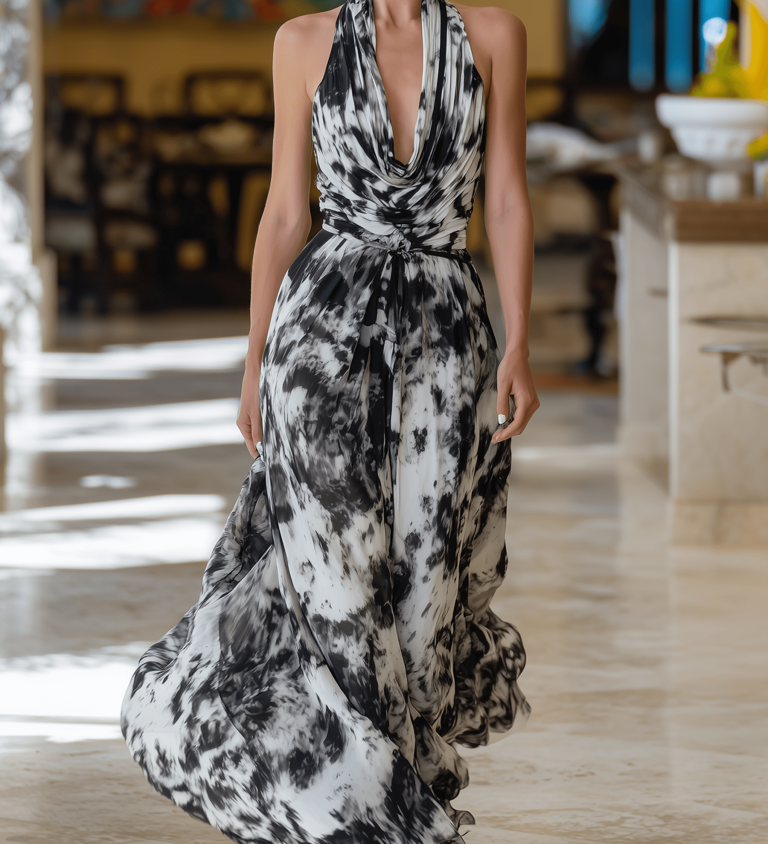 VESTIDO LARGO CON ESTAMPADO TINTA EN BLANCO Y NEGRO - VALERINA MARBELLA