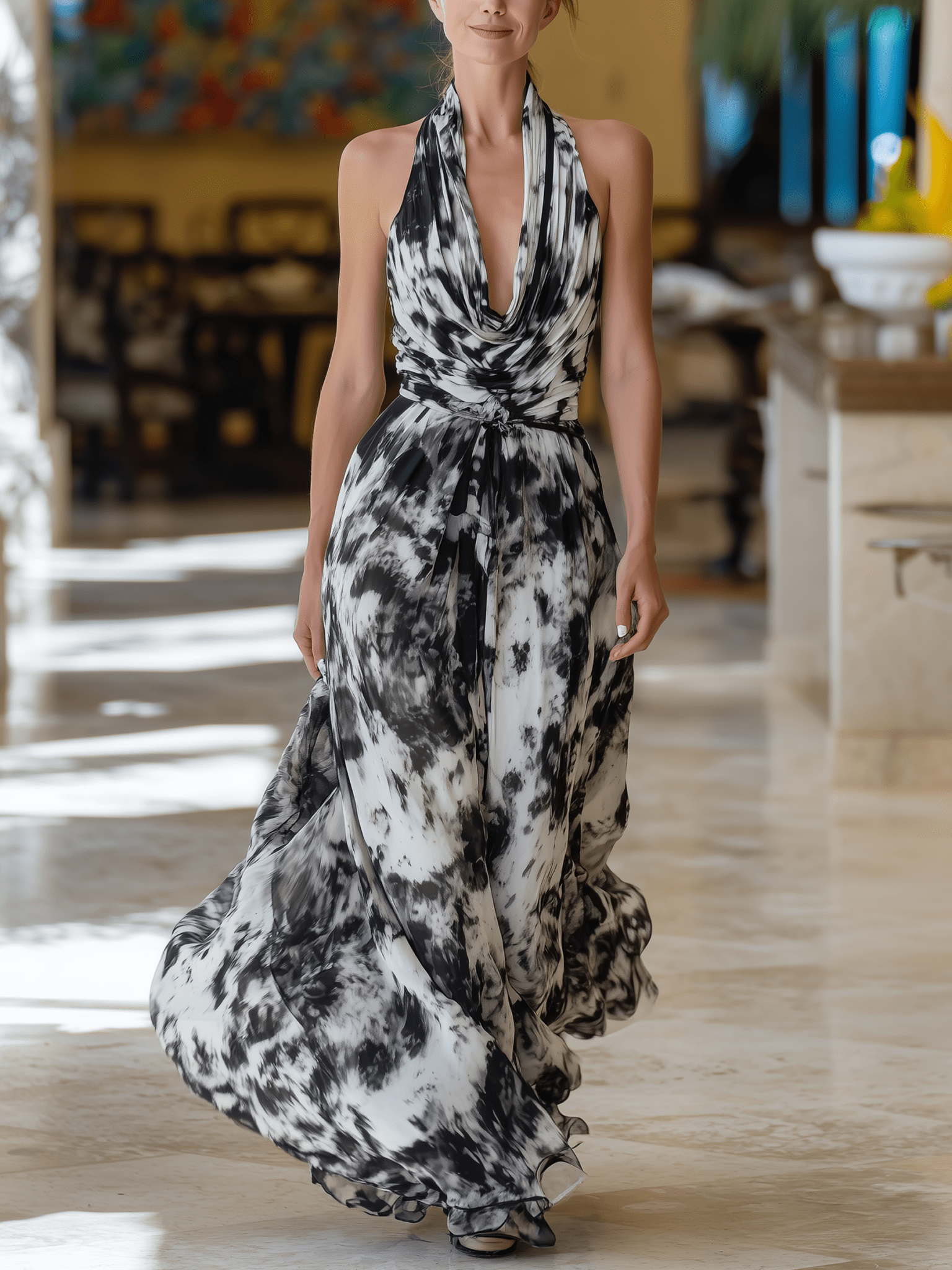 VESTIDO LARGO CON ESTAMPADO TINTA EN BLANCO Y NEGRO - VALERINA MARBELLA