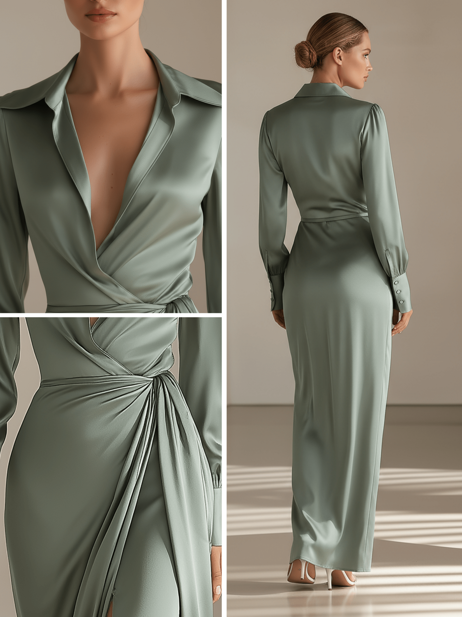 VESTIDO CAMISERO MAXI DE SATÉN VERDE - VALERINA MARBELLA