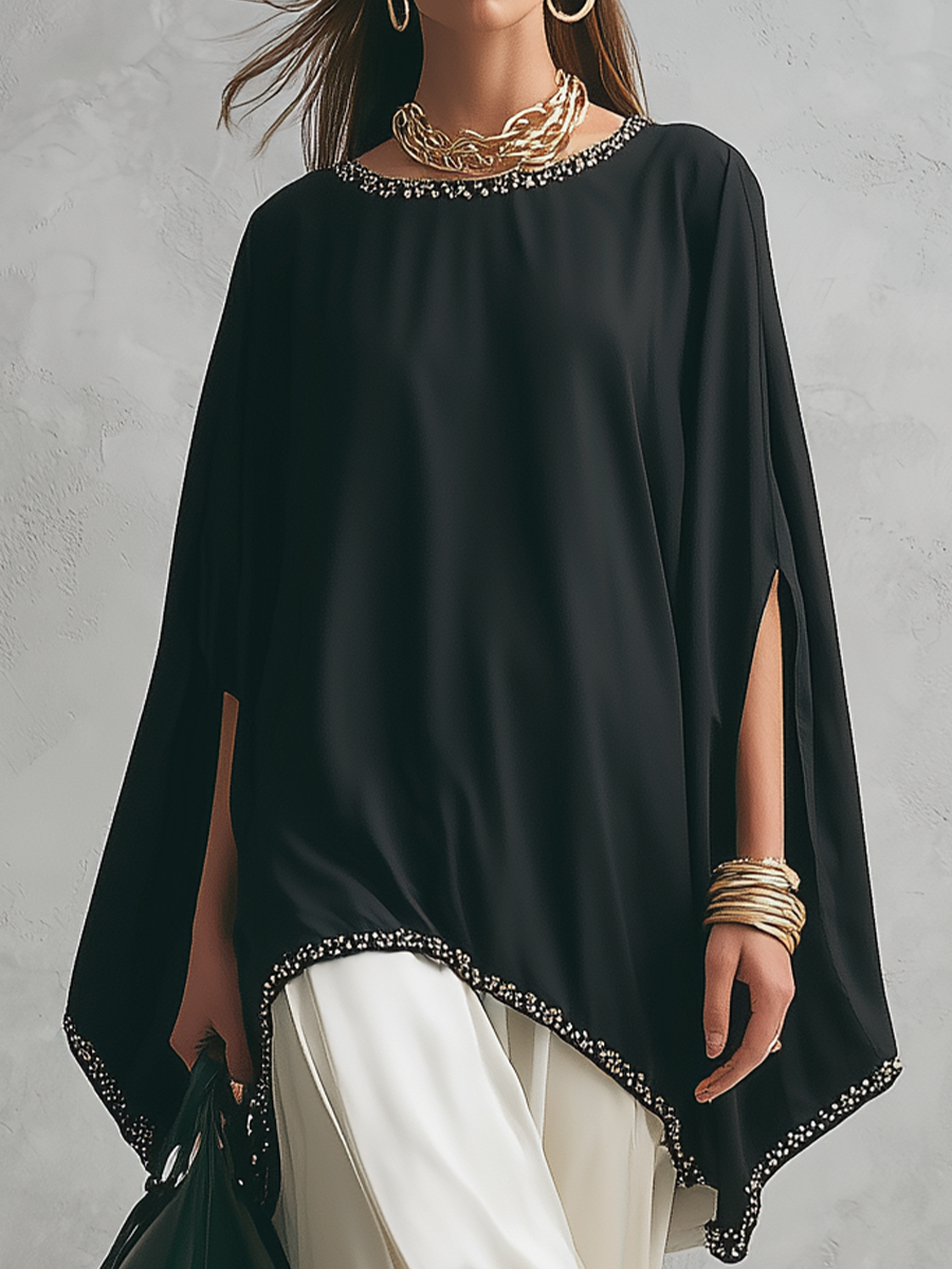 Minimal Black Cape-Style Top & Flowing Skirt Set