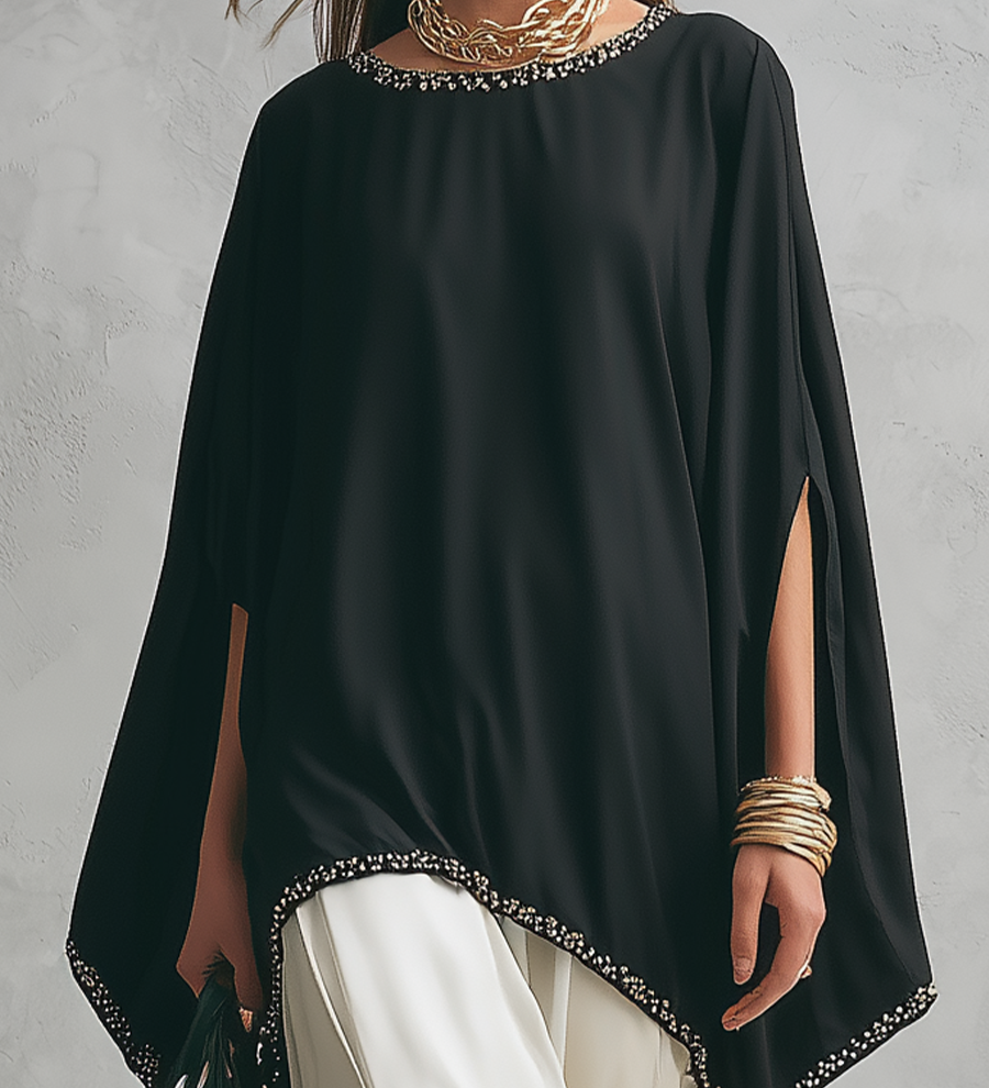 Minimal Black Cape-Style Top & Flowing Skirt Set