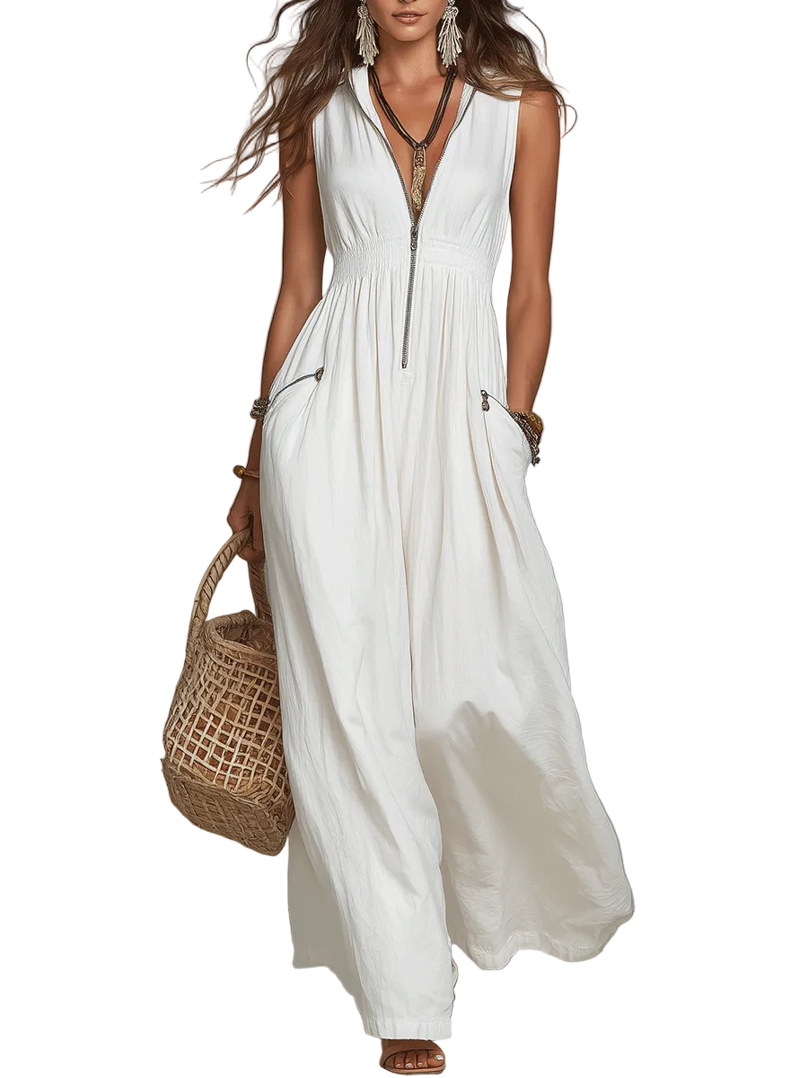 White Zip-Front Bohemian Maxi Dress