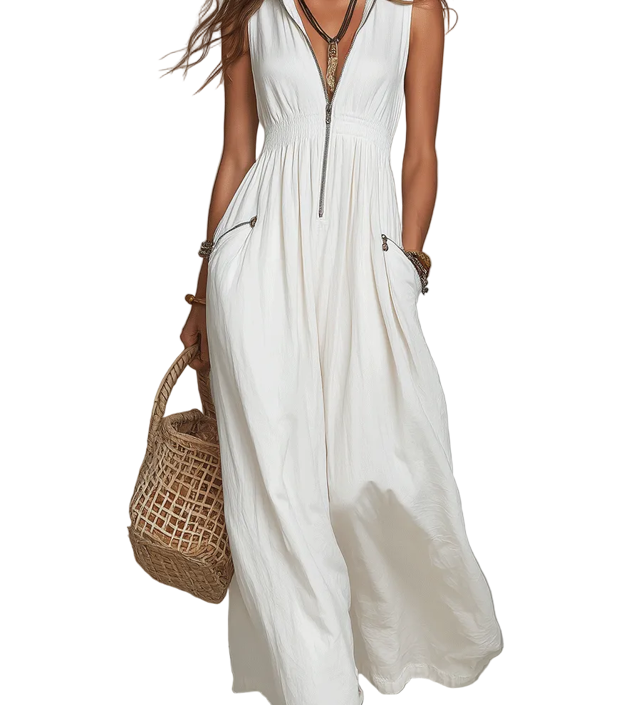 White Zip-Front Bohemian Maxi Dress