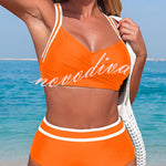 Stylish Color-blocked Striped High-waisted Two-piece Stretch Bikini Swimsuit
