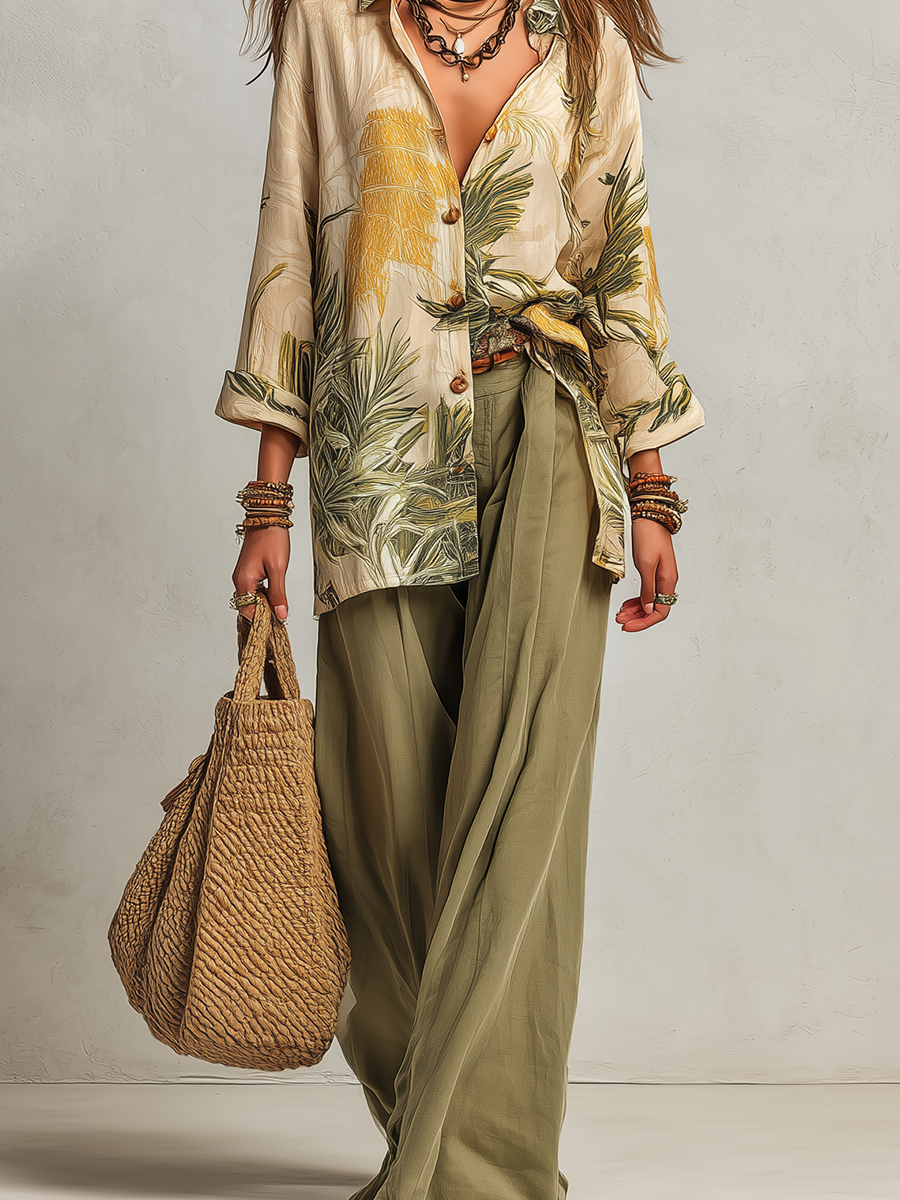 Linen Shirt And Wide-leg Trousers With A Palm Leaf Pattern.