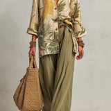 Linen Shirt And Wide-leg Trousers With A Palm Leaf Pattern.