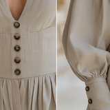 VESTIDO MINI BEIGE DE MEZCLA DE LINO CON ESCOTE EN V - VALERINA MARBELLA