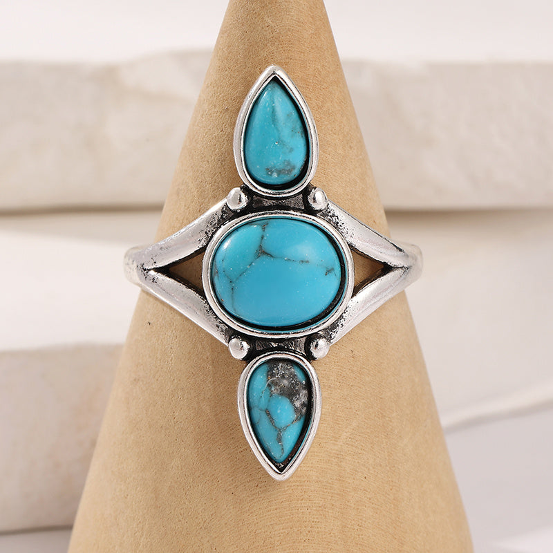 ANILLO BOHEMIO ORO BLANCO PLAQUÉ GOTA ÓVALO TURQUESA INCRUSTÉ