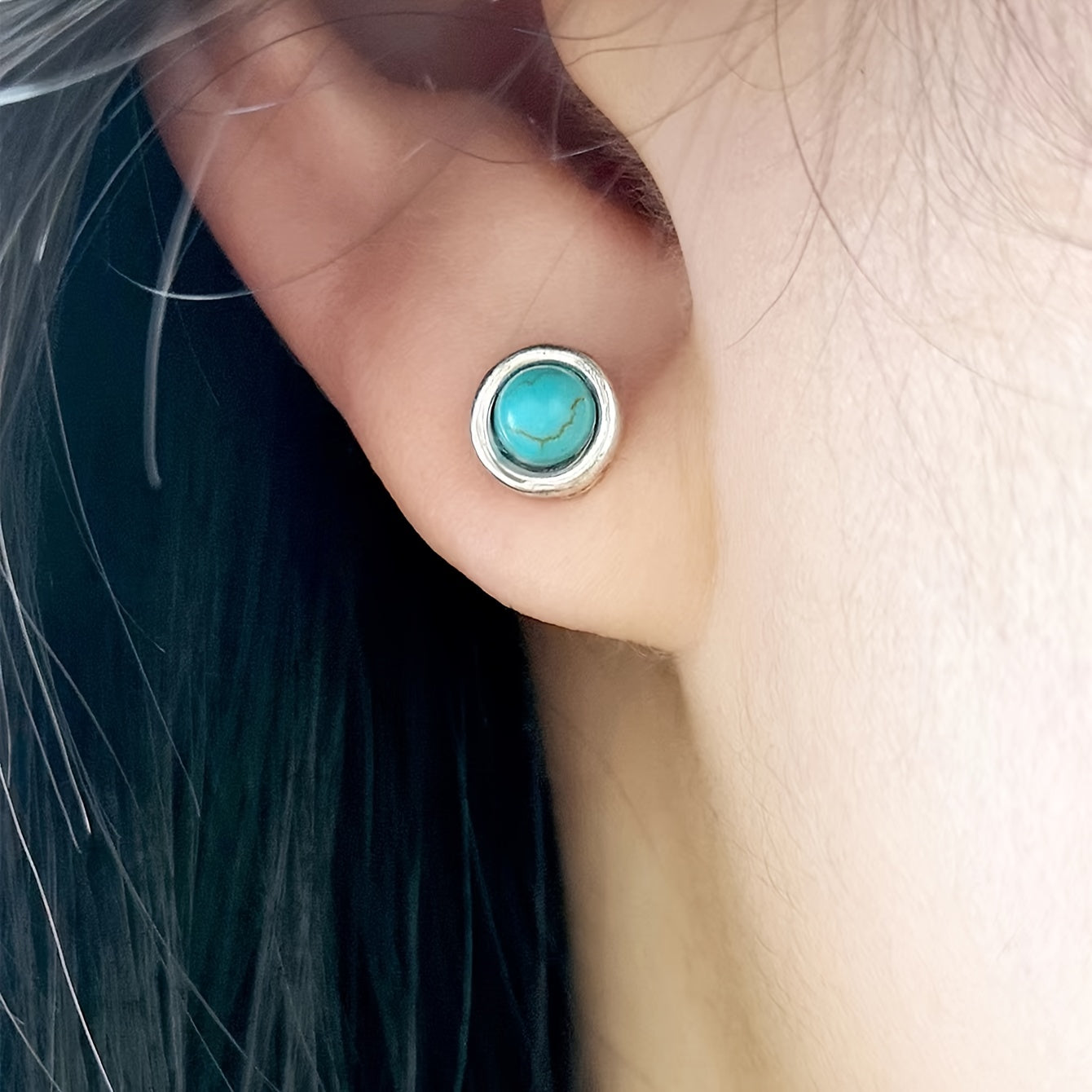 PENDIENTES TURQUESA MANDALA PLATA PLAQUÉ CLOU OREILLE