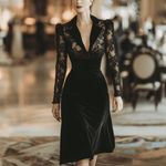 VESTIDO MIDI NEGRO DE ENCAJE Y TERCIOPELO CON CUELLO BLAZER - VALERINA MARBELLA