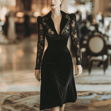 VESTIDO MIDI NEGRO DE ENCAJE Y TERCIOPELO CON CUELLO BLAZER - VALERINA MARBELLA