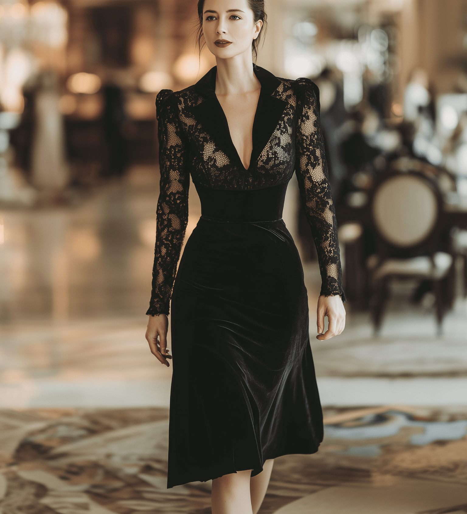 VESTIDO MIDI NEGRO DE ENCAJE Y TERCIOPELO CON CUELLO BLAZER - VALERINA MARBELLA