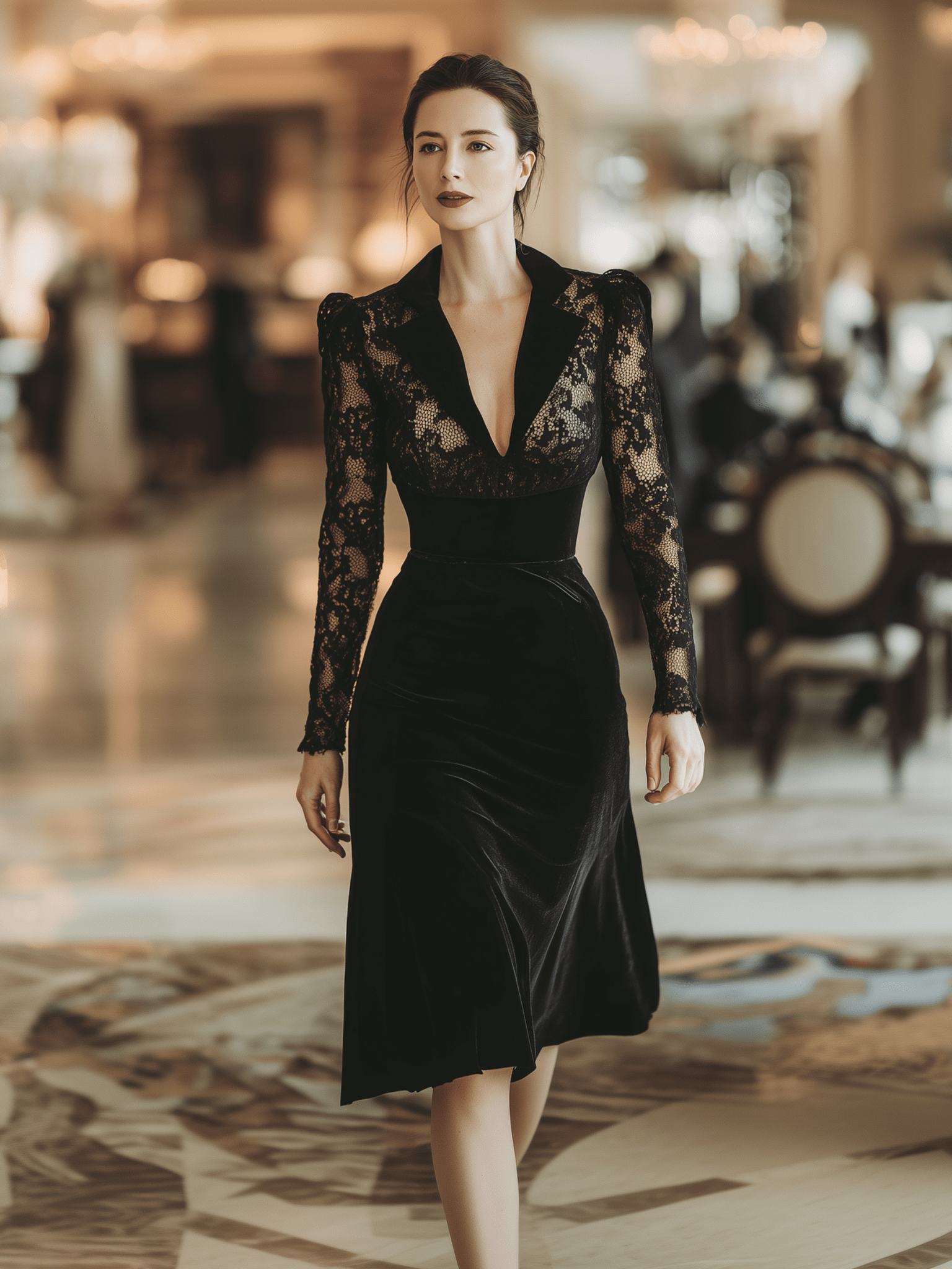 VESTIDO MIDI NEGRO DE ENCAJE Y TERCIOPELO CON CUELLO BLAZER - VALERINA MARBELLA