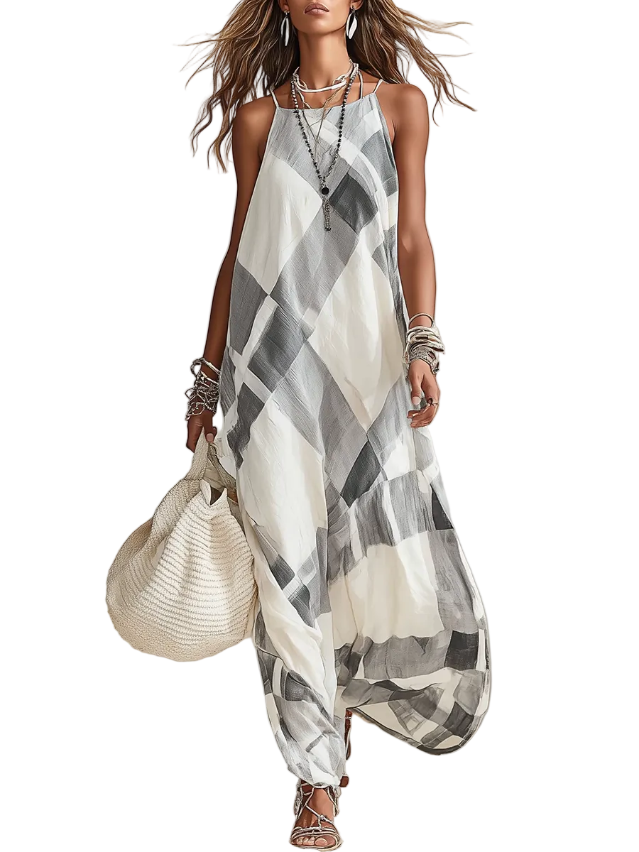Black And White Checkered Loose-fitting Dress