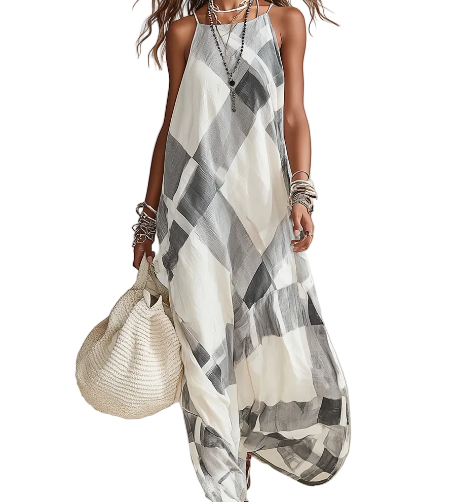 Black And White Checkered Loose-fitting Dress