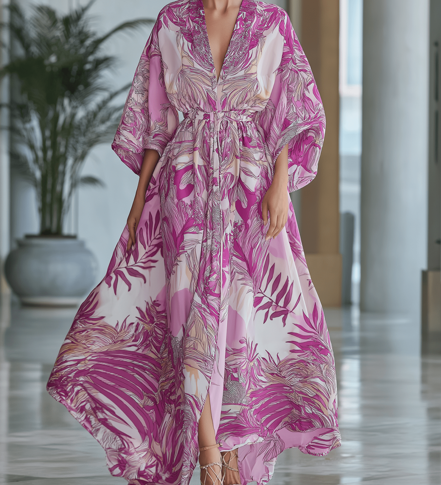 VESTIDO LARGO TIPO KAFTÁN DE GASA FUCSIA CON ESTAMPADO - VALERINA MARBELLA