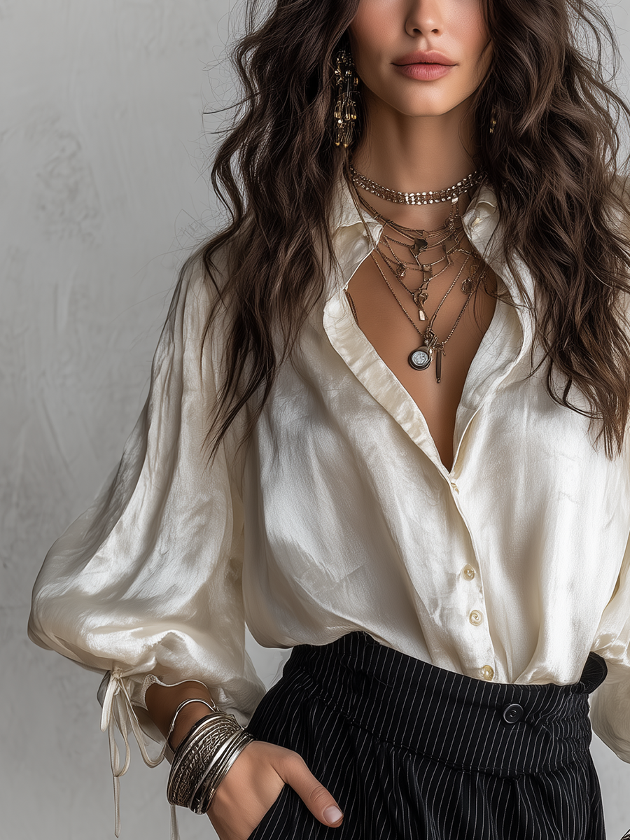 French Vintage Style Pearlescent Lantern Sleeved Blouse