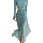 VESTIDO MAXI DE GASA PLISADA EN AZUL GRIS CON PATCHWORK - VALERINA MARBELLA