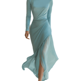 VESTIDO MAXI DE GASA PLISADA EN AZUL GRIS CON PATCHWORK - VALERINA MARBELLA