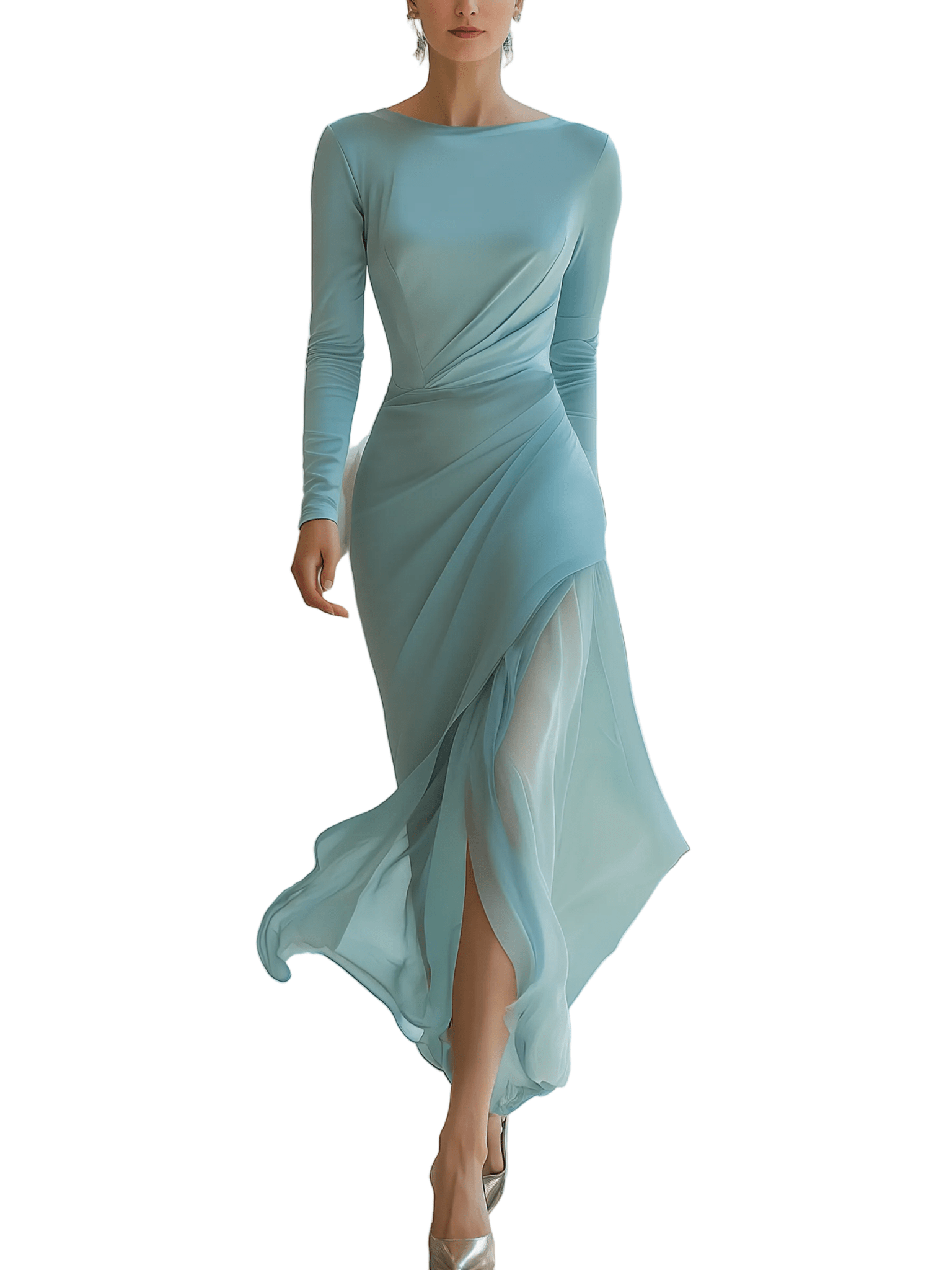 VESTIDO MAXI DE GASA PLISADA EN AZUL GRIS CON PATCHWORK - VALERINA MARBELLA