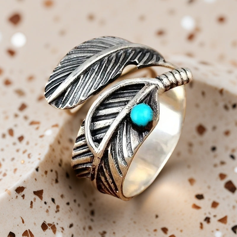ANILLO BOHEMIO PLUMA TURQUESA STERLING PLATA