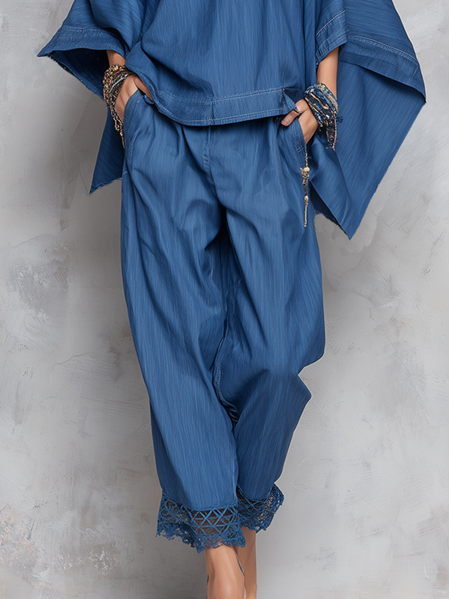 Off-shoulder Tencel Denim Batwing Sleeve Top & Tapered Trousers Set