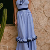 Striped Print Elegant Ruffle Trim Vacation Maxi Skirt