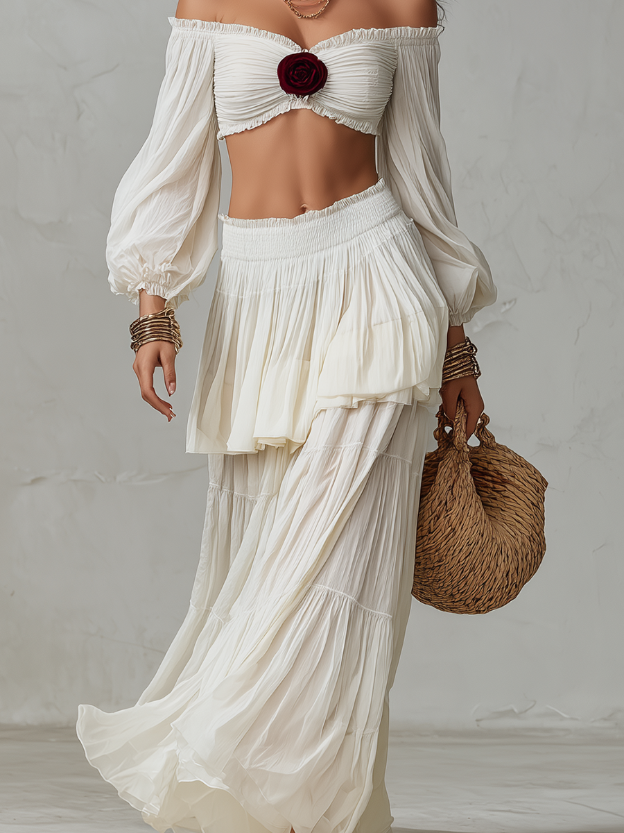 Bohemian Style | Crop Top + Ruffled Long Skirt Two-piece Set