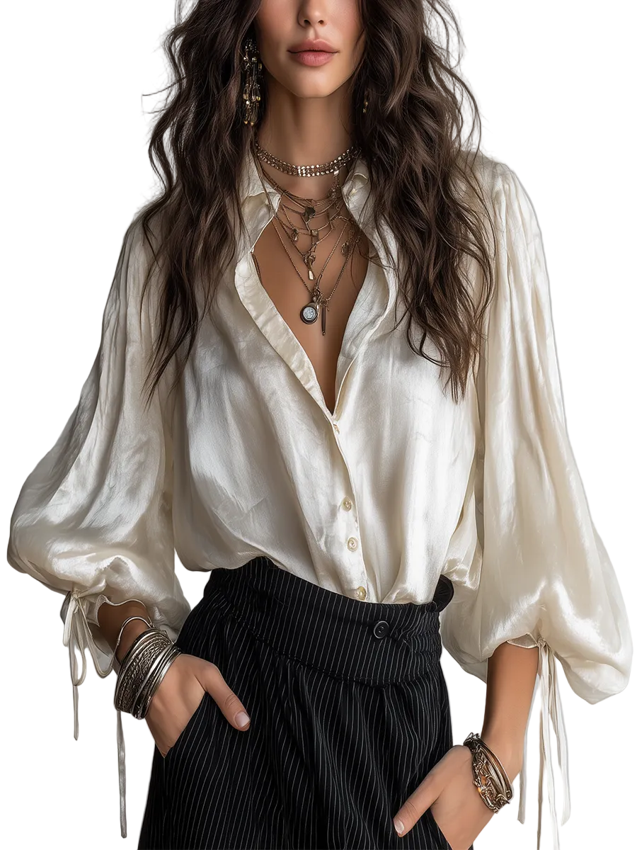French Vintage Style Pearlescent Lantern Sleeved Blouse