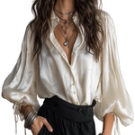 French Vintage Style Pearlescent Lantern Sleeved Blouse