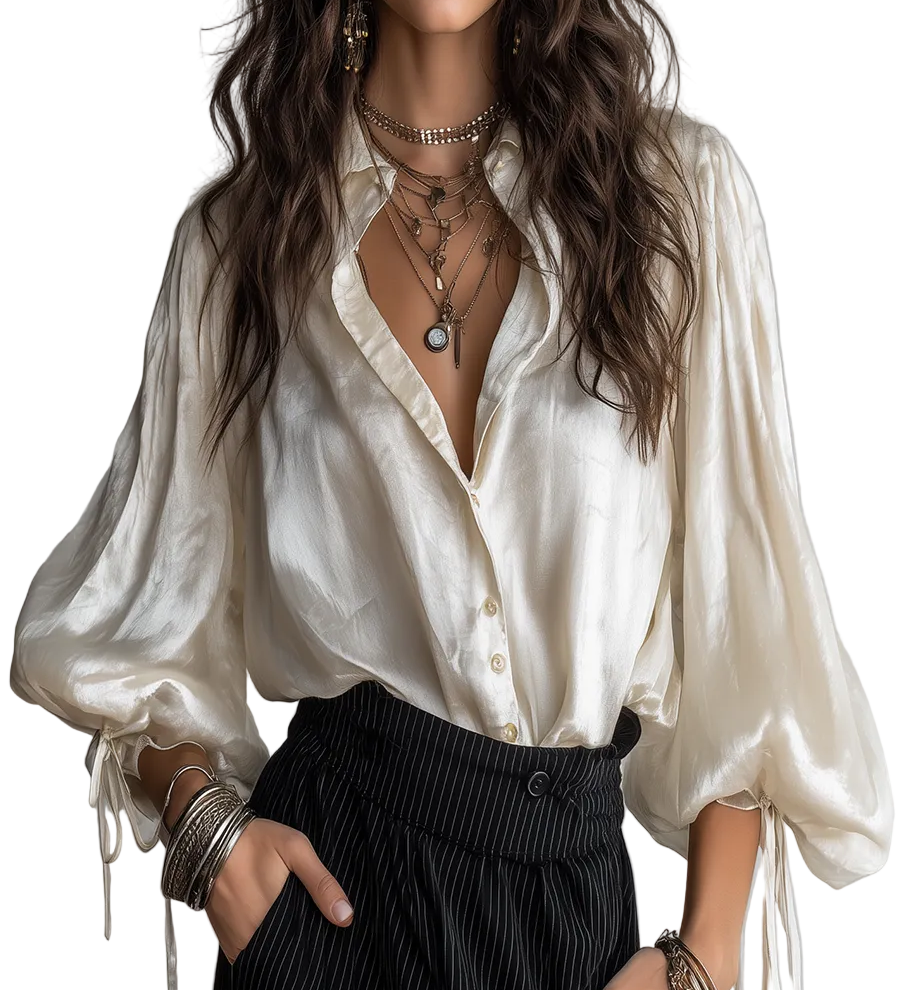 French Vintage Style Pearlescent Lantern Sleeved Blouse