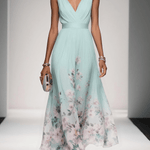 Light Blue Floral Chiffon V Neck Sleeveless A-Line Maxi Dress
