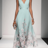 Light Blue Floral Chiffon V Neck Sleeveless A-Line Maxi Dress