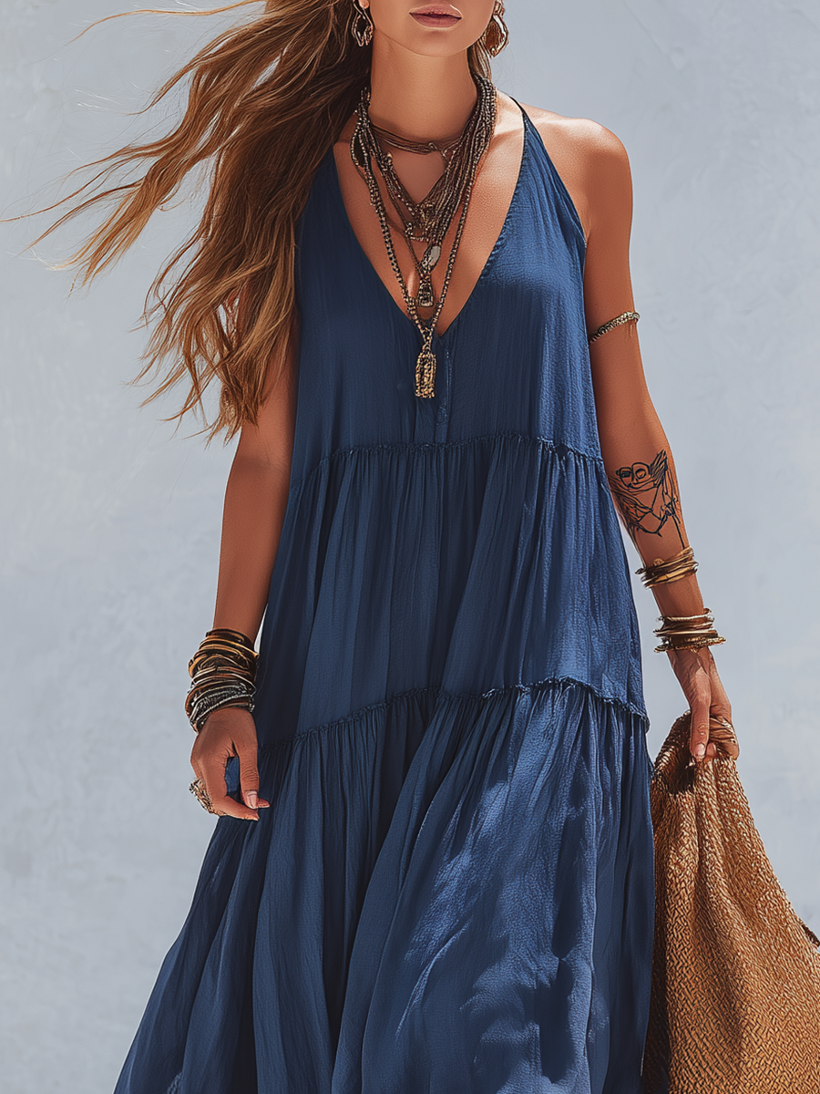 Bohemian-style Midnight Blue Halter Neck Layered Long Dress