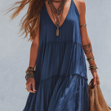 Bohemian-style Midnight Blue Halter Neck Layered Long Dress