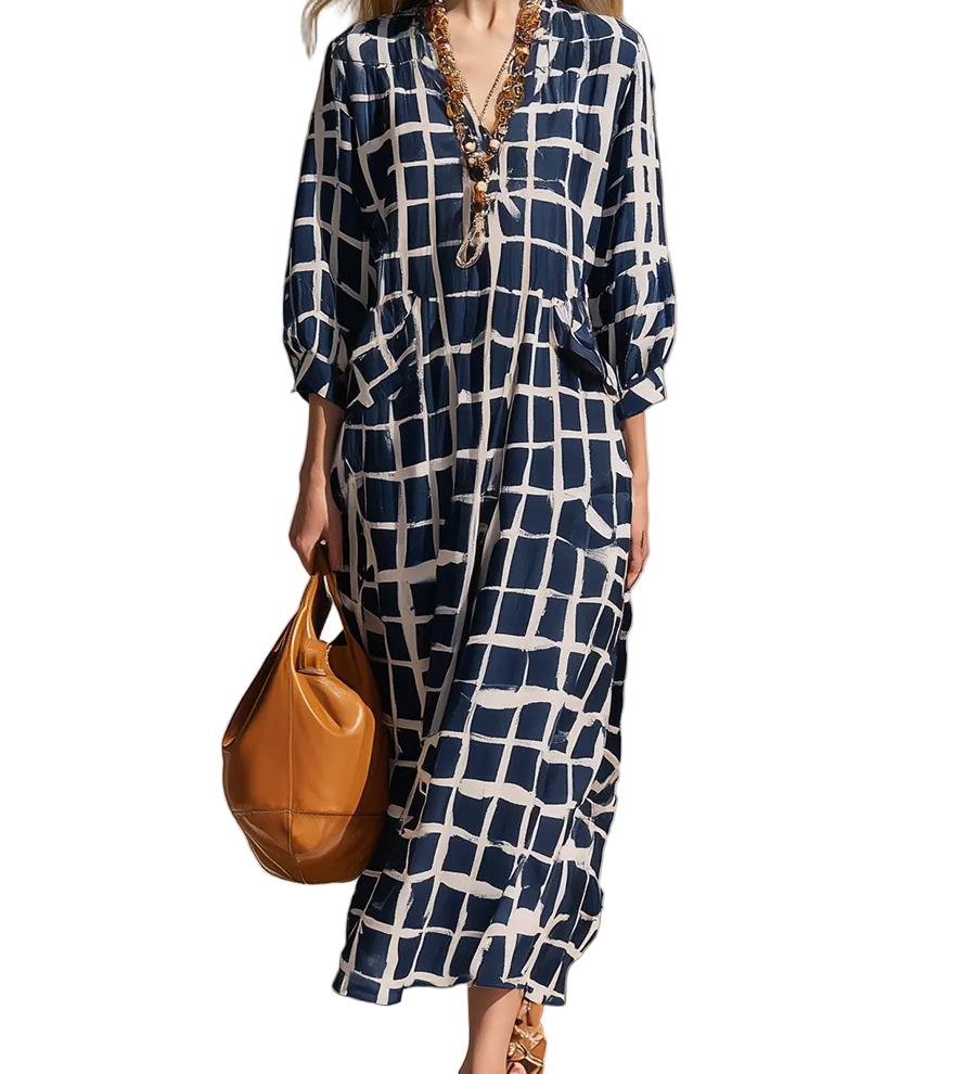 Navy Blue Checkered Bohemian Style Loose-fitting Shirt Dress