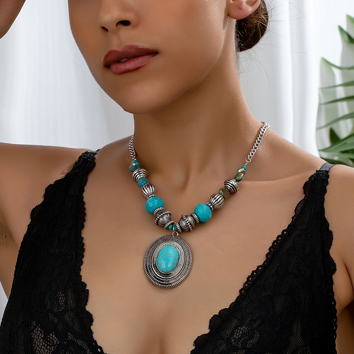 COLLAR BOHEMIO ÓVALO TURQUESA PERLÉ COLGANTE