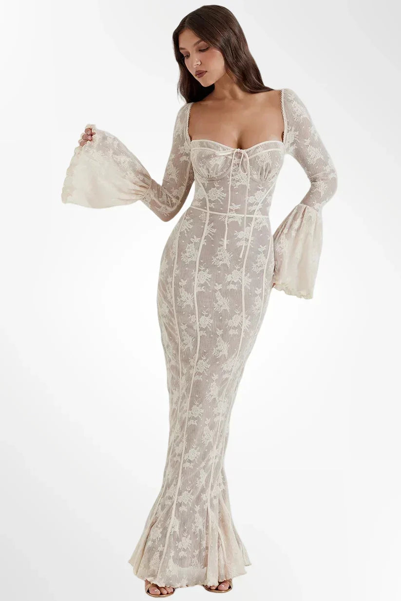 VESTIDO LARGO DE ENCAJE CON ELEGANCIA ROMÁNTICA