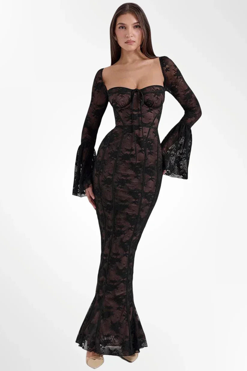 VESTIDO LARGO DE ENCAJE CON ELEGANCIA ROMÁNTICA