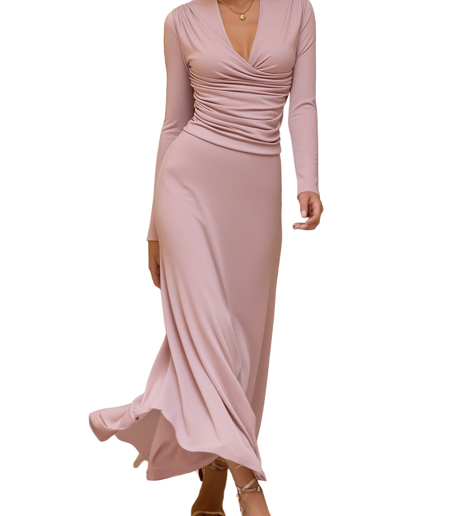 VESTIDO LARGO ROSA EMPOLVADO CON FRUNCIDO FRONTAL - VALERINA MARBELLA