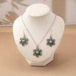 CONJUNTO VINTAGE TURQUESA FLOR PLATA PLAQUÉ COLLAR & BOUCLE OREILLE