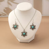 CONJUNTO VINTAGE BOHEMIO TURQUESA FLOR PENDIENTES COLLAR JOYAS