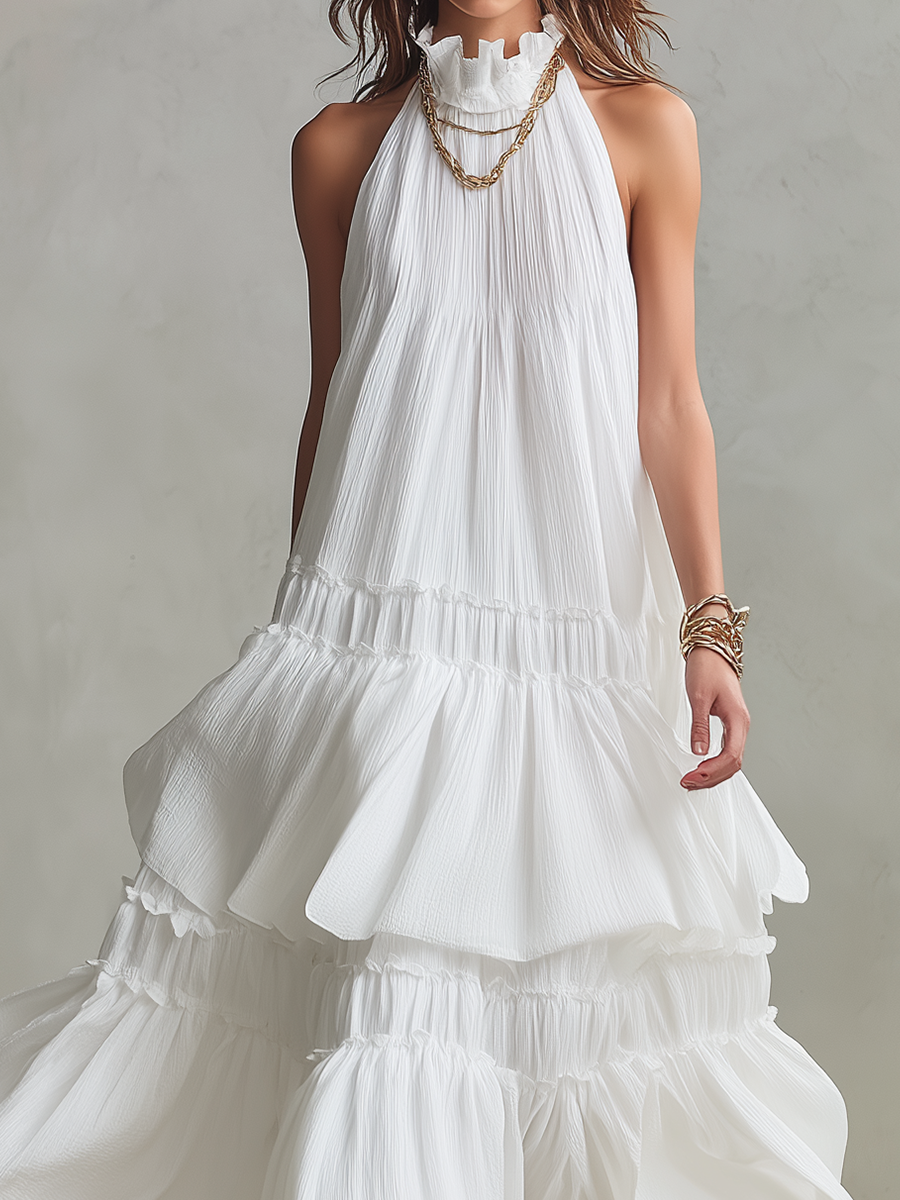 Airy High-Neck Tiered Bohemian Maxi Dress