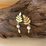 PENDIENTES VINTAGE ELEGANTE ORO FEUILLE & PERLA GOTA
