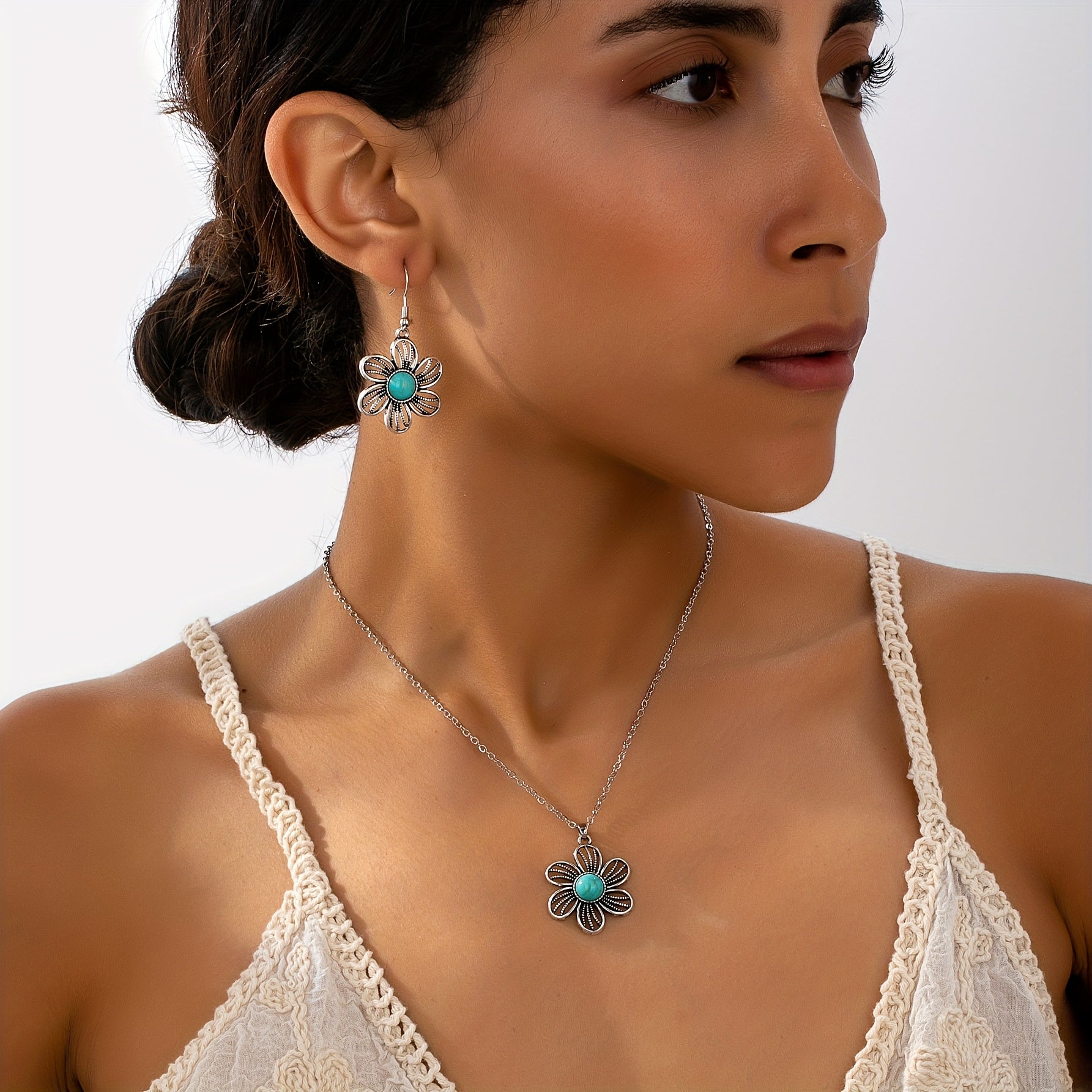 CONJUNTO VINTAGE BOHEMIO TURQUESA FLOR PENDIENTES COLLAR JOYAS