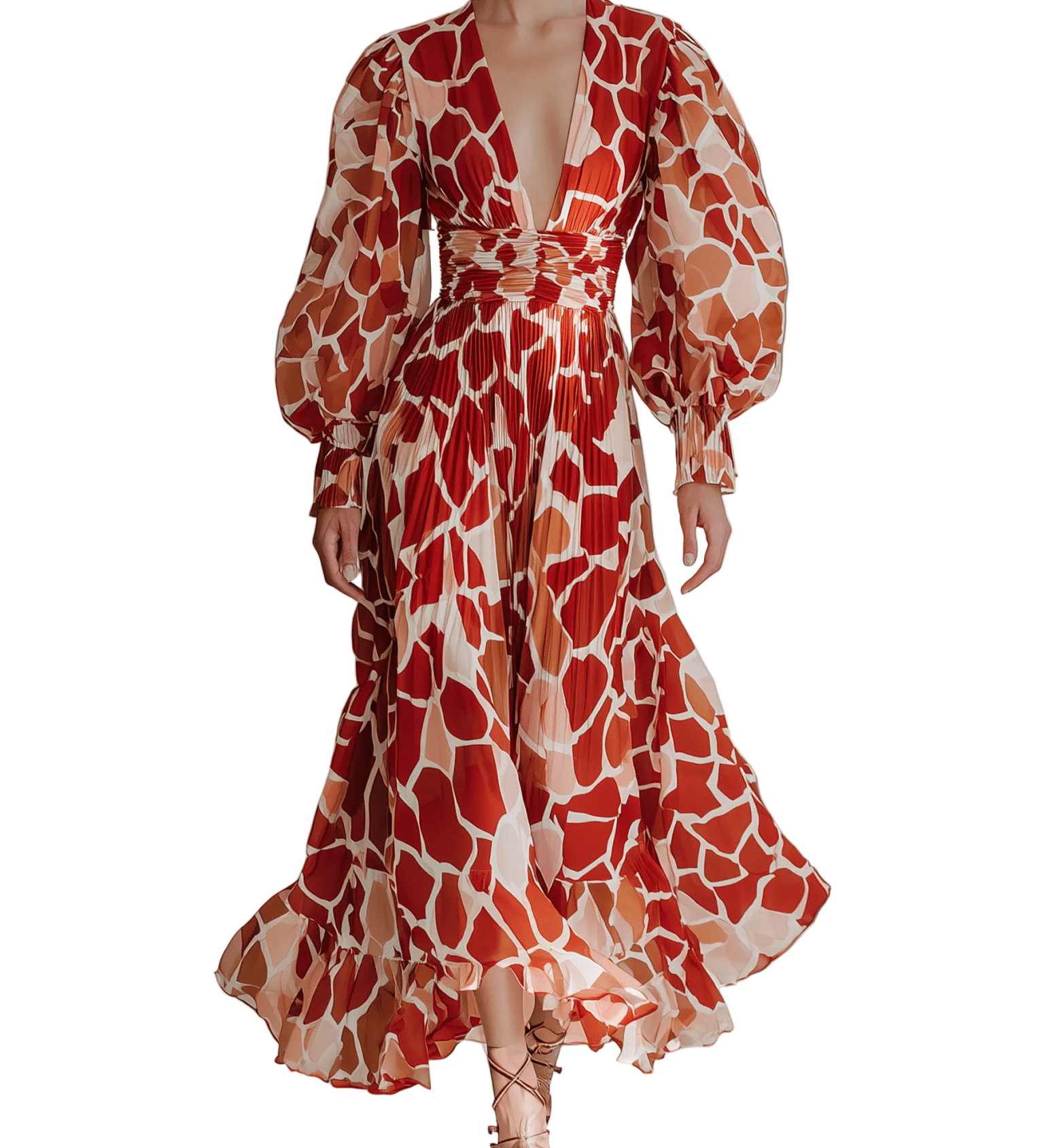 VESTIDO MIDI DE GASA PLISADA ROJO CON ESTAMPADO - VALERINA MARBELLA